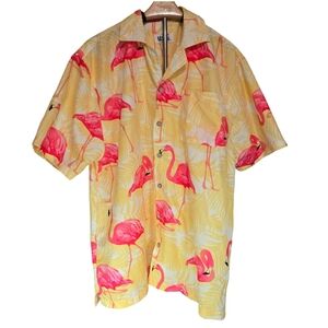 Uzzi Hawaiian Flamingo Print Casual Button Down Shirt